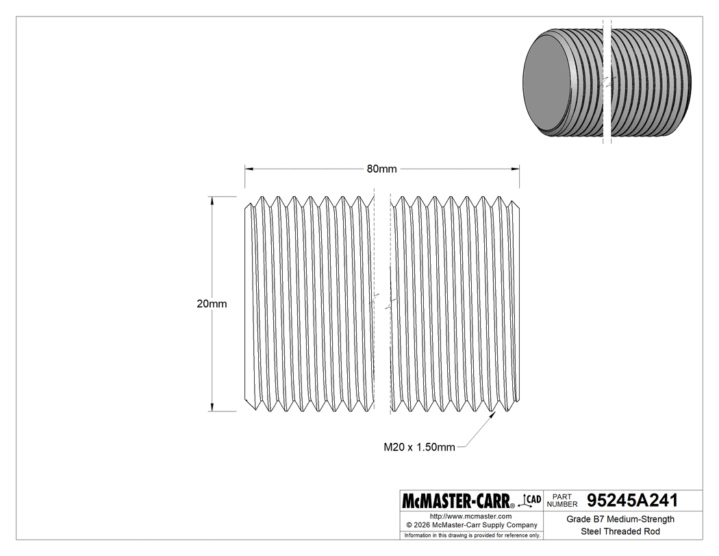 Technical Drawing of Grade B7 Medium-Strength Steel Threaded Rod, Fine-Thread, M20 x 1.5 mm Thread, 80 mm Long.